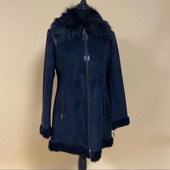 Via Spiga Black Long Coat Sherpa Style Jacket Faux Suede and Fur Size M